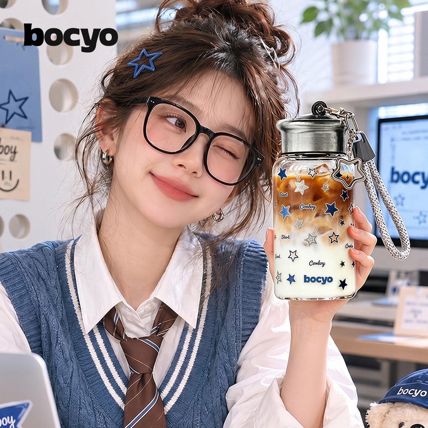 bocyo水杯纯钛玻璃杯女带盖杯轻奢2026新款便携夏日泡茶专用杯子