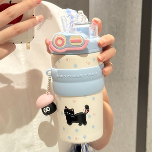 水杯吸管保温杯女生高颜值成人2025新款 儿童可爱学生上学专用杯子