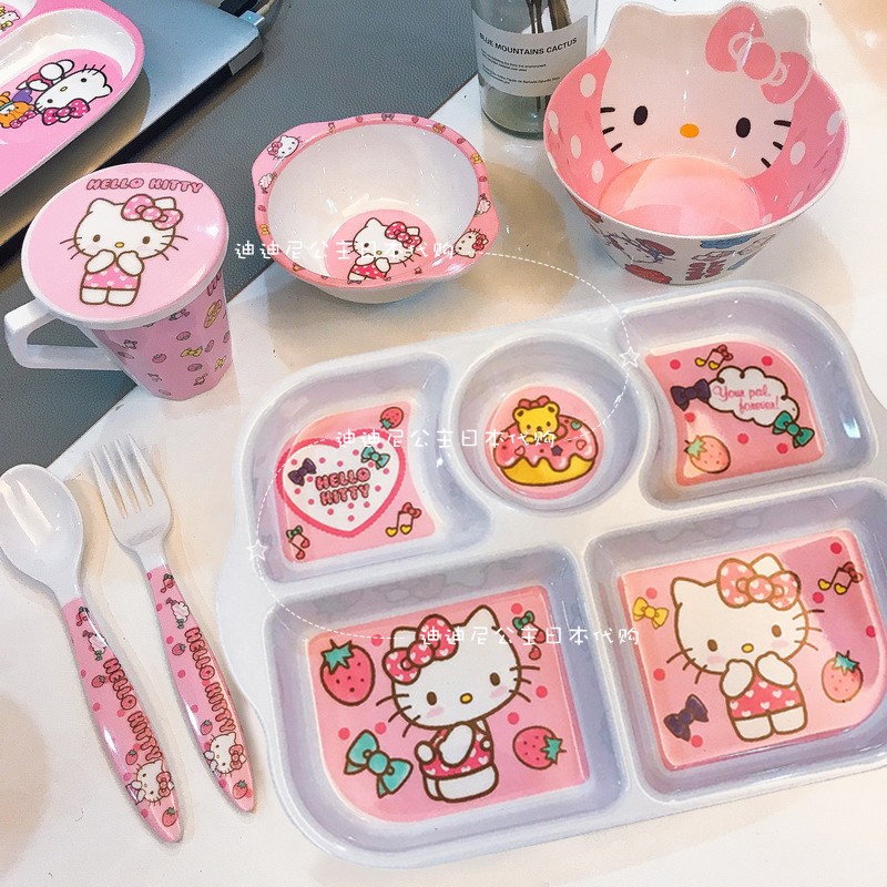 日本代购凯特猫HelloKitty儿童餐具套装旅行女生叉勺子碗杯防摔