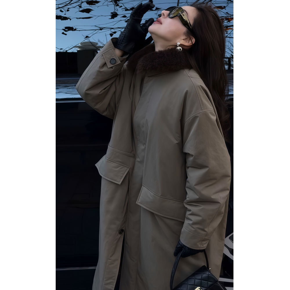 暖长款浅灰色毛绒夹棉风衣外套女