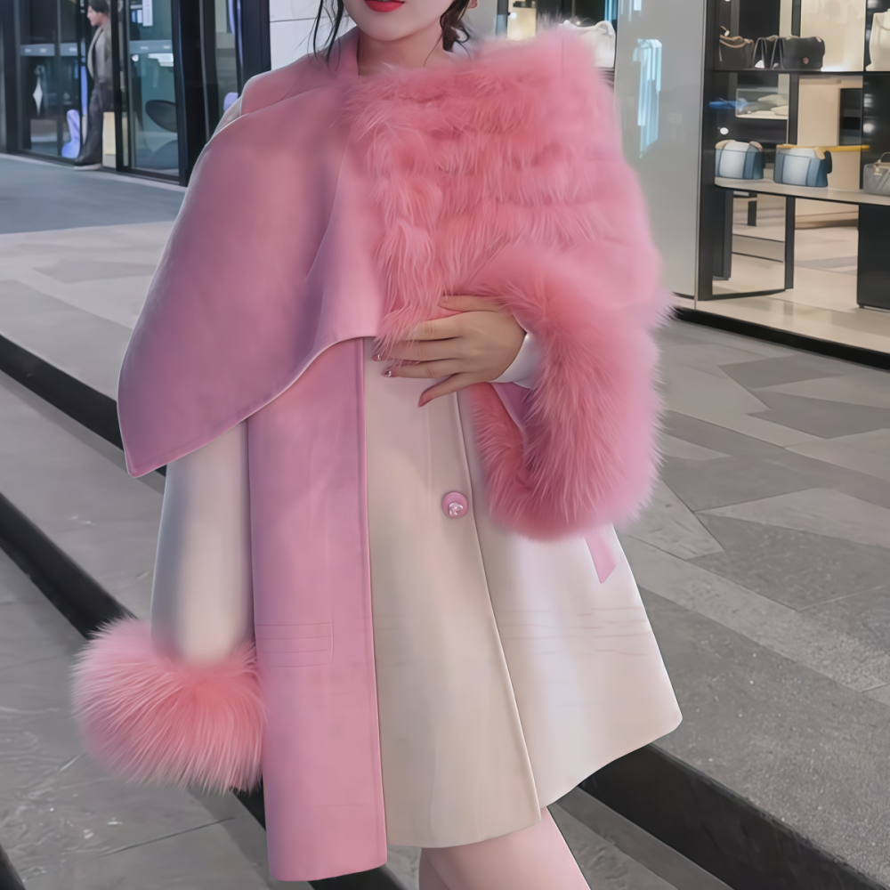 2026年春季新款韩系小众高级感简约毛毛袖口简约粉色毛呢外套女装
