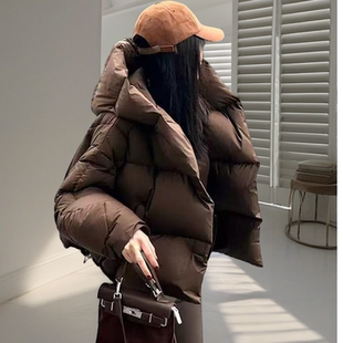 2026新款春季高级感超好看咖色短款羽绒服面包服连帽厚外套女款