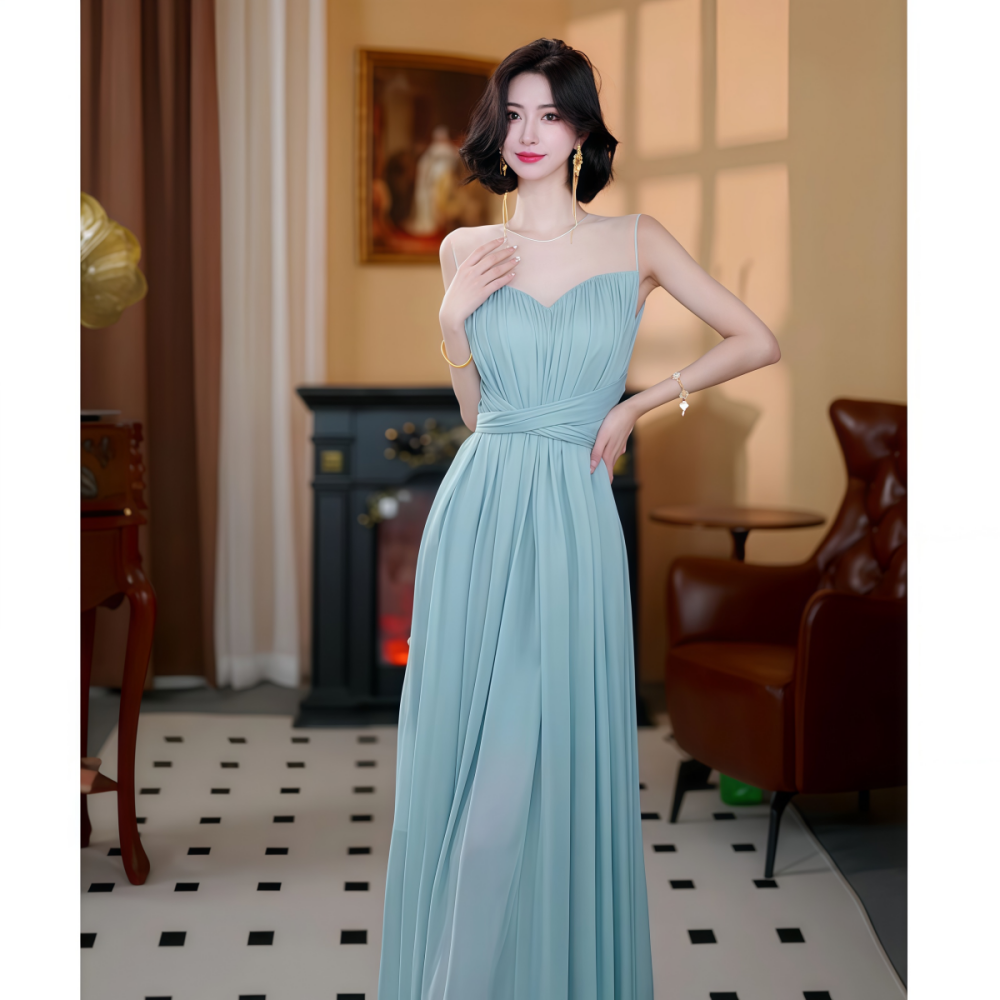 2026年春季新款韩版爆款百搭高腰纯色无袖褶皱网纱圆领背心长裙女