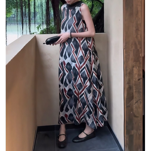 无袖圆领宽松连衣裙显瘦中长款连衣裙夏季飘带印花无袖服饰连衣裙
