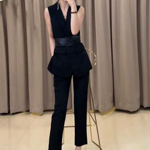 2026年春季新款时尚黑色收腰修身西装无袖马甲高腰九分裤两件套女