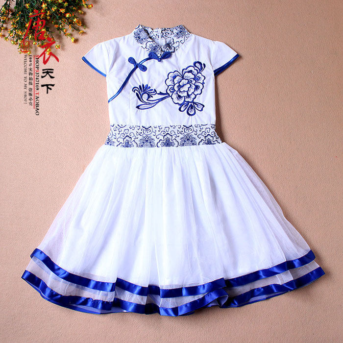 复古中国风青花瓷女童纯棉短袖连衣裙中大童夏装裙子儿童连衣裙夏,童装/婴儿装/亲子装,连衣裙,淘宝优惠券,粉丝福利购,淘宝优惠卷