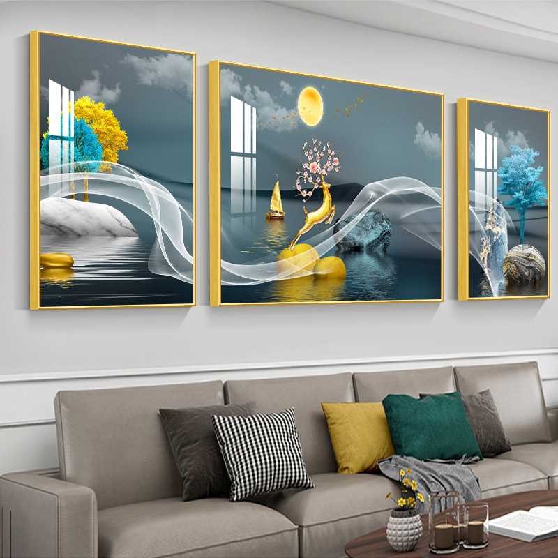 高档新轻奢客厅装饰画现代简约沙发背景墙挂画大气水晶画三联画壁