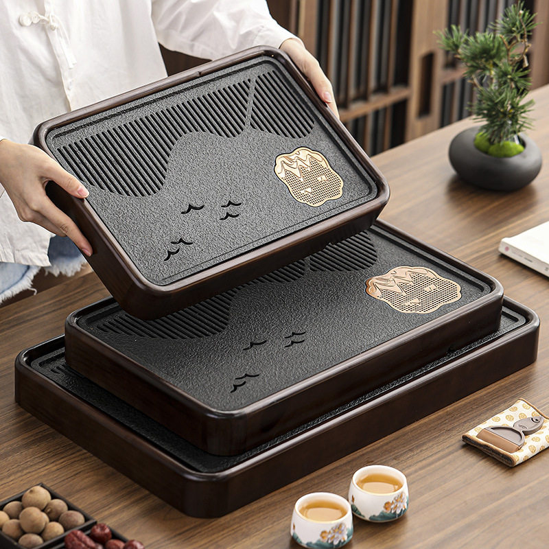 天琢堂茶盘家用新款彷乌金石实木功夫茶具茶台储排水单盘茶托 托