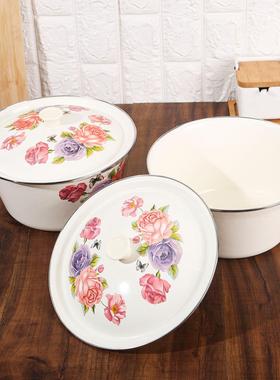 Thickened Enamel Rimmed Wash Bowl with Lid, Enamel Lard Basi