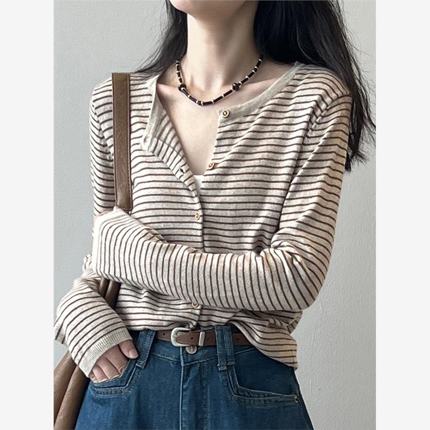 条纹针织开衫女子春季和秋季新设计利基顶薄圆领长袖毛衣