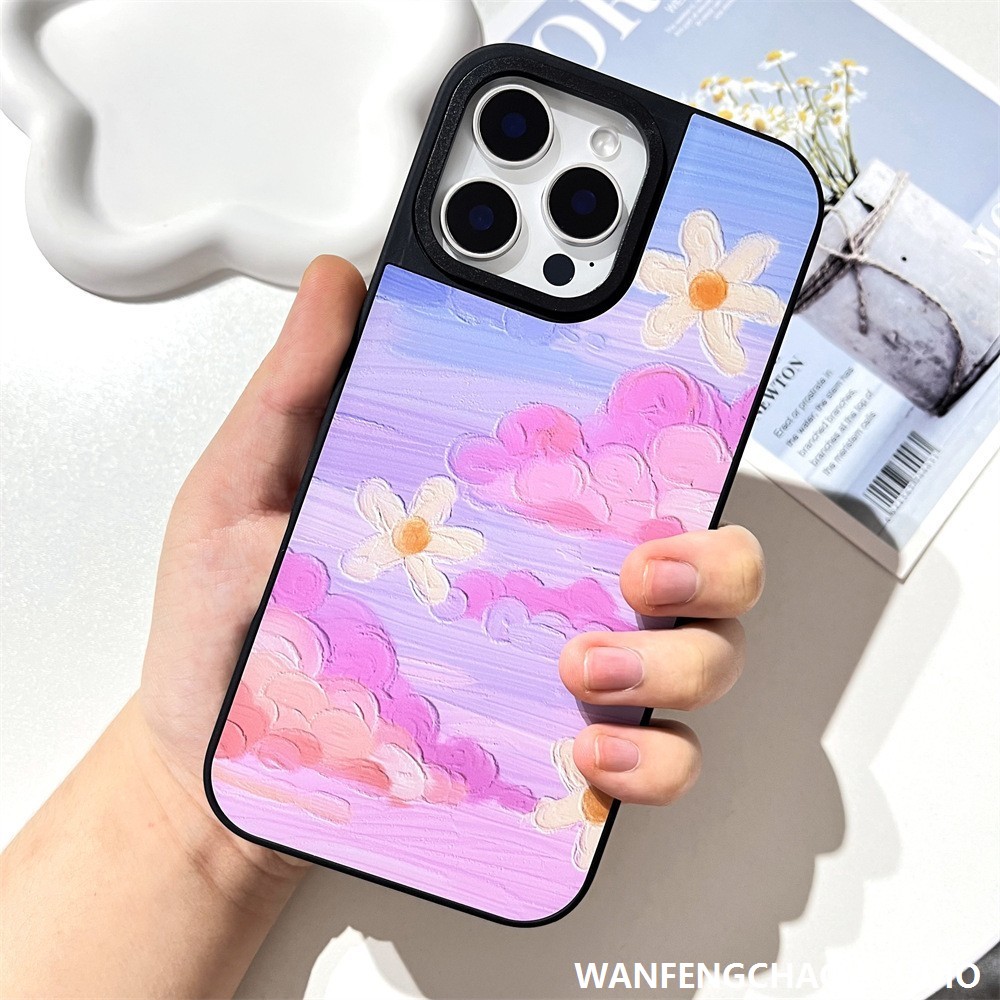 镜面油画花朵适用14ProMax苹果16手机壳iPhone15气质甜美11文艺12