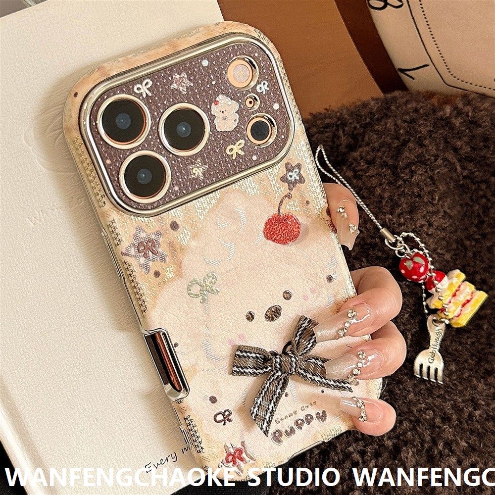 鎏金蝴蝶结小狗苹果17promax保护套iPhone16适用15挂链皮纹手机包