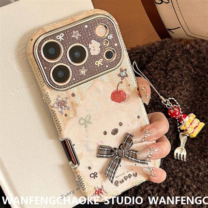 鎏金蝴蝶结小狗苹果17promax保护套iPhone16适用15挂链皮纹手机包