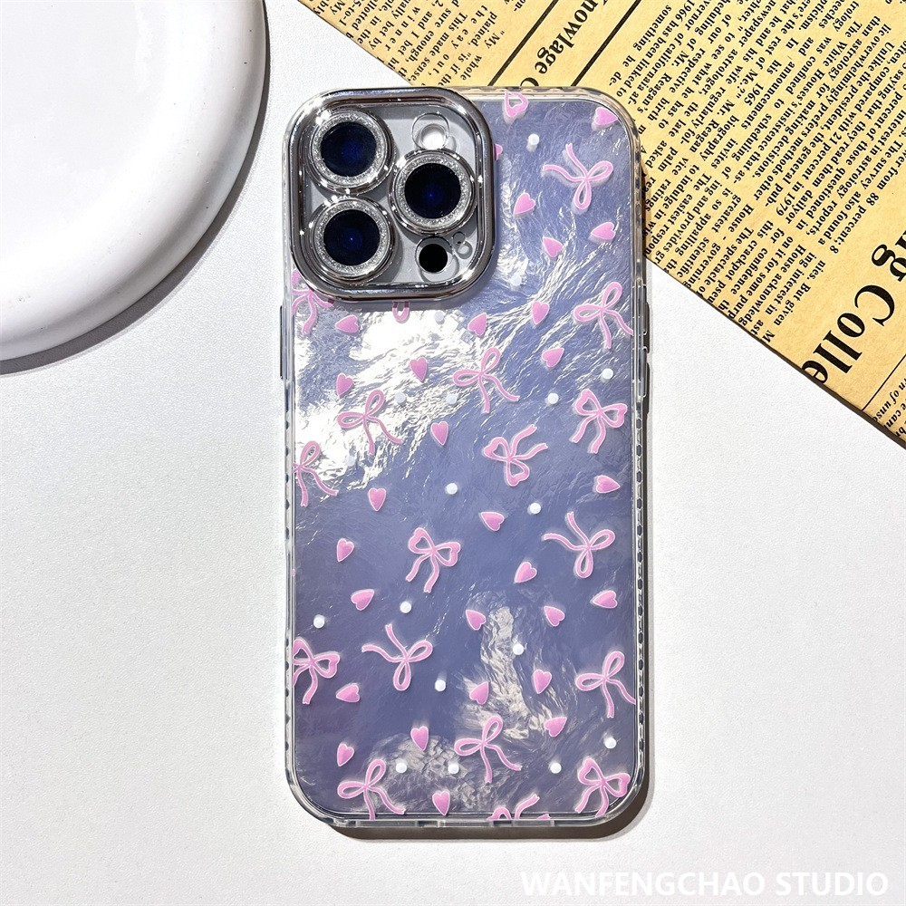 粉色蝴蝶结爱心苹果16锡纸纹手机壳适用iphone15 14 精孔12 11