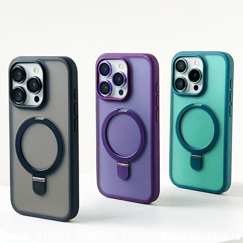 跨境适用iPhone16磨砂肤感磁吸支架手机壳苹果15带镜头膜保护套14