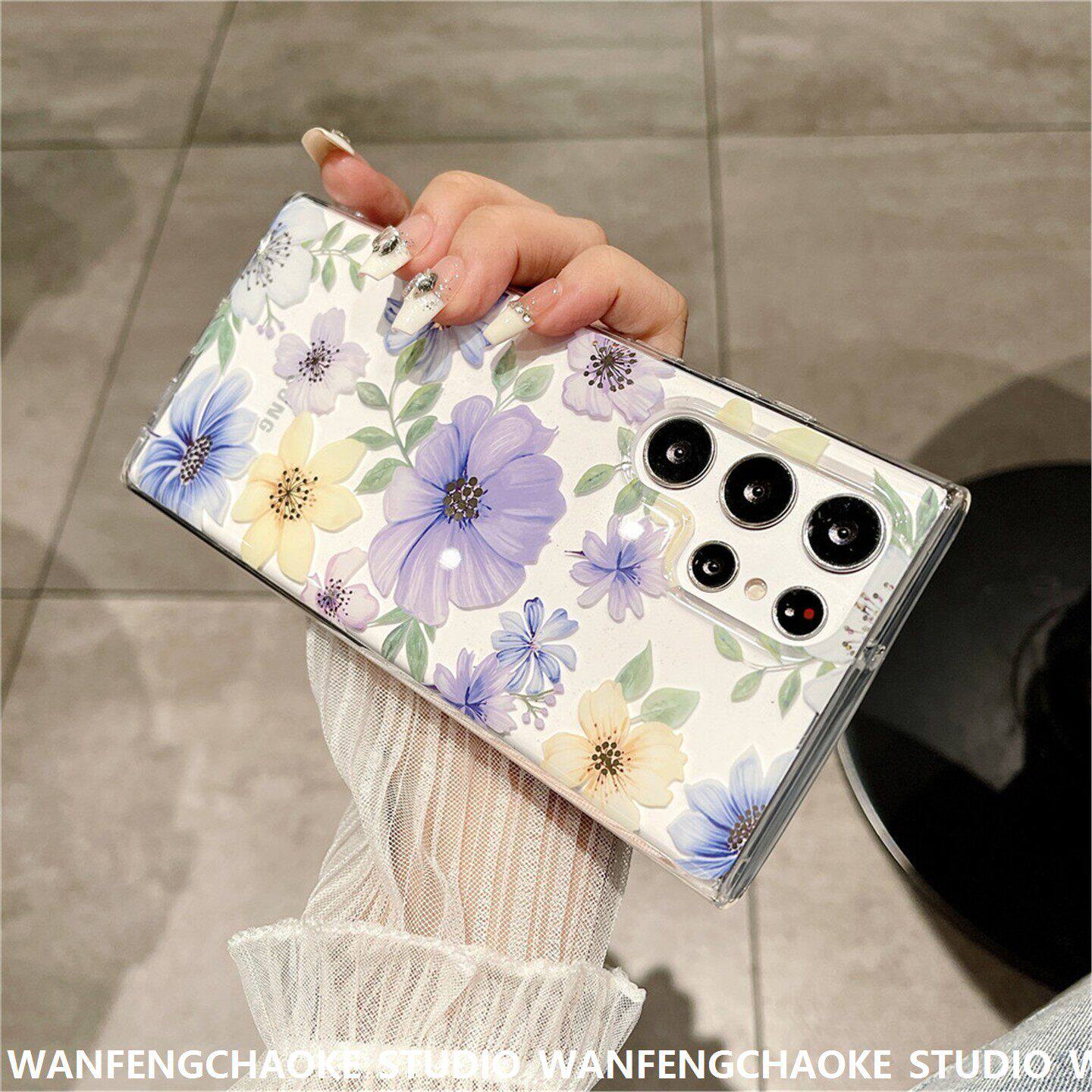 适用三星s26u/a55高透电镀花朵s23/s25双层印花防摔壳外贸手机包