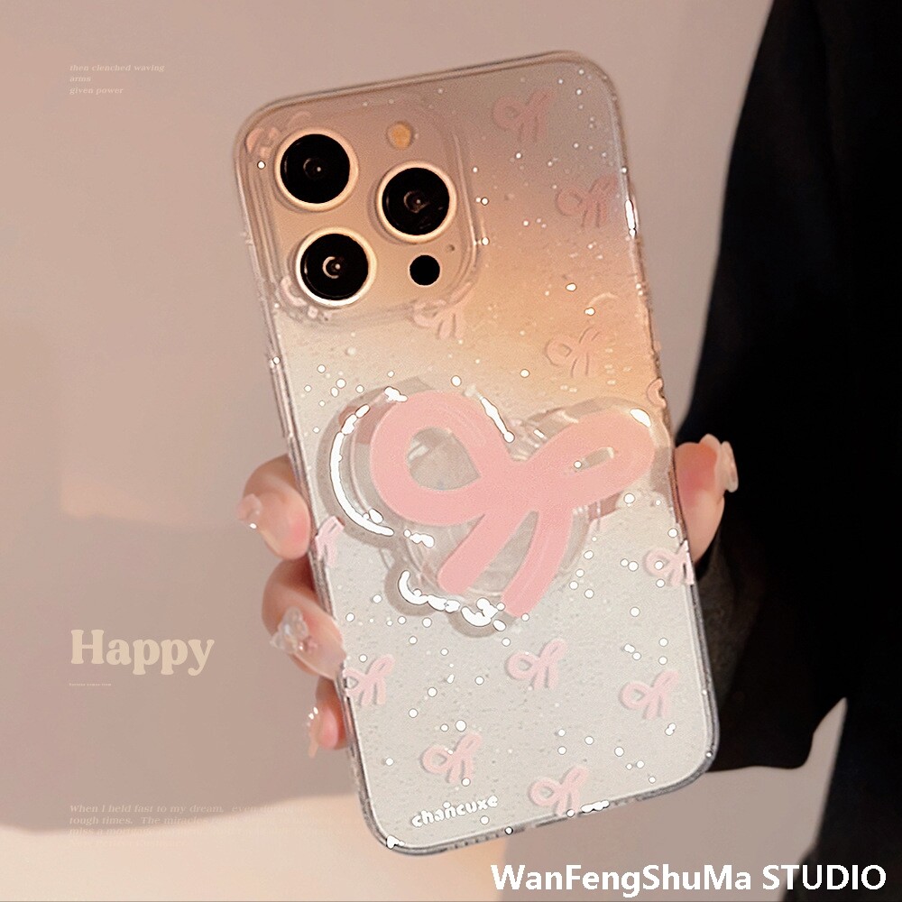 핑크 리본 애플 15 휴대폰 케이스 13 글리터 IPHONE14PROMAX 11 파우더 스탠드 12 남성과 여성에게 적합