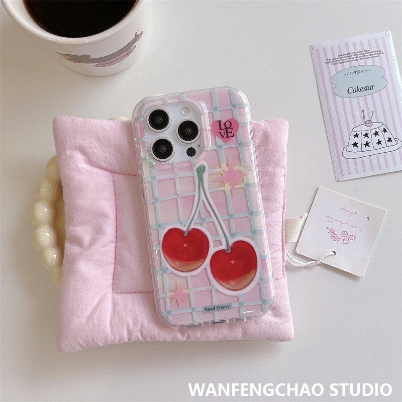 ins格子樱桃苹果16proiphone1415promax手机壳13promax保护套新款
