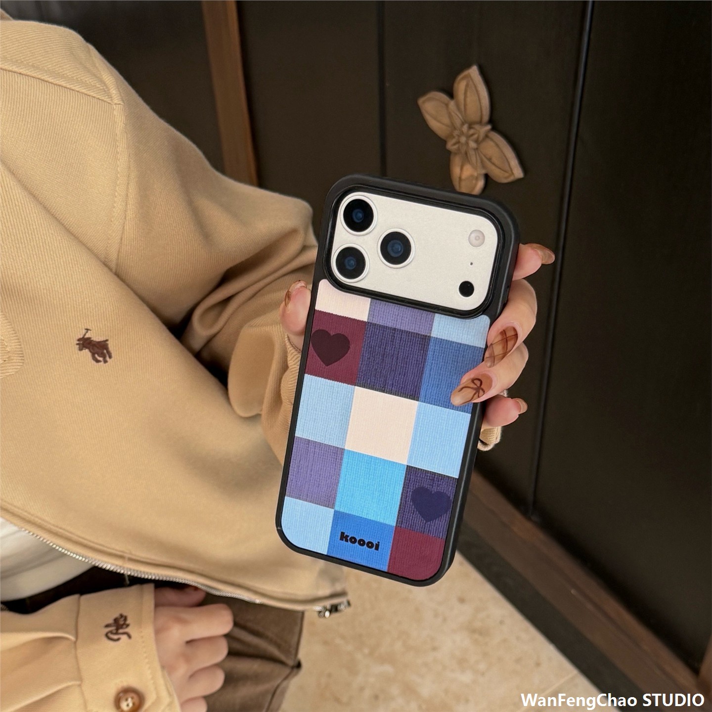 蓝色拼接格纹牛仔爱心适用