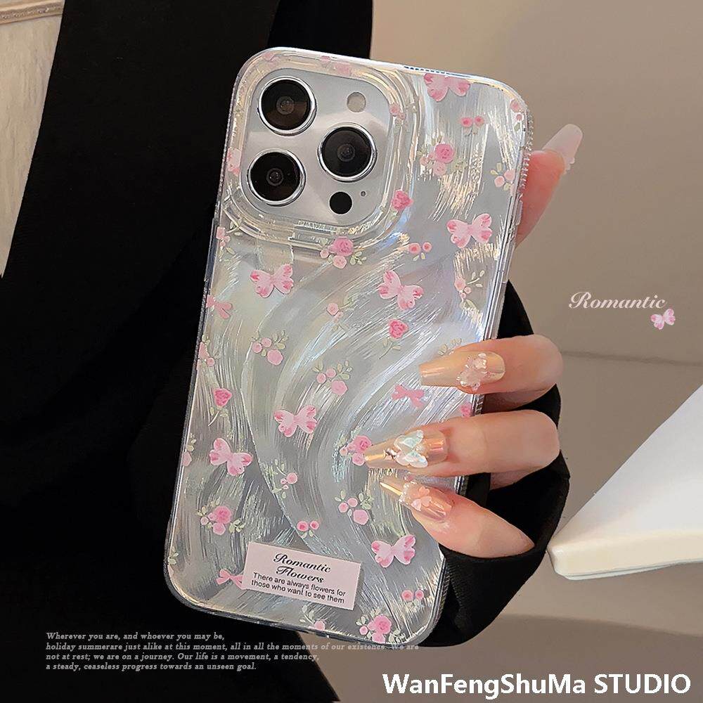 깃털 원사 부드러운 핑크 나비 꽃은 APPLE 15PROMAX 휴대폰 케이스 IPHONE14 문학 13 하드 12에 적합합니다