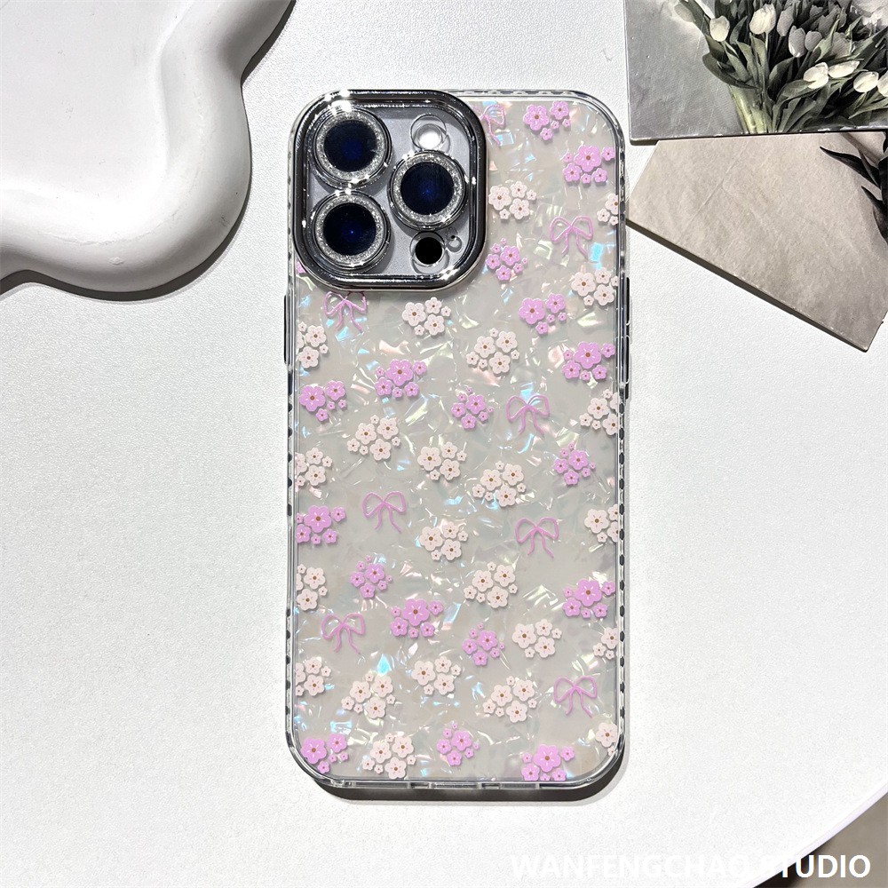粉色樱花蝴蝶结苹果16贝壳纹手机壳适用iphone15 14防摔12 11精孔