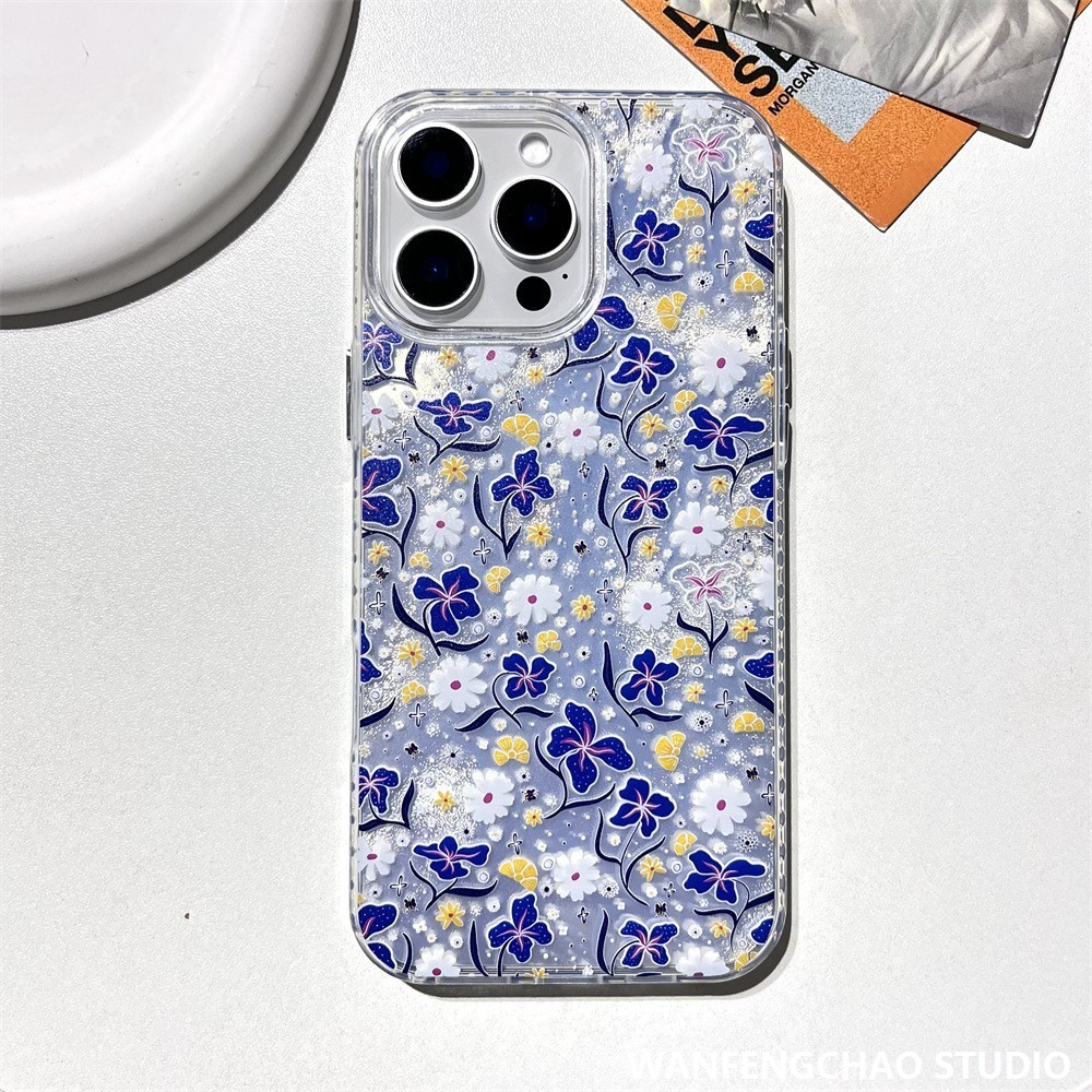 小清新蓝色碎花苹果16丝绸纹手机壳适用iphone15 14 防摔12 11