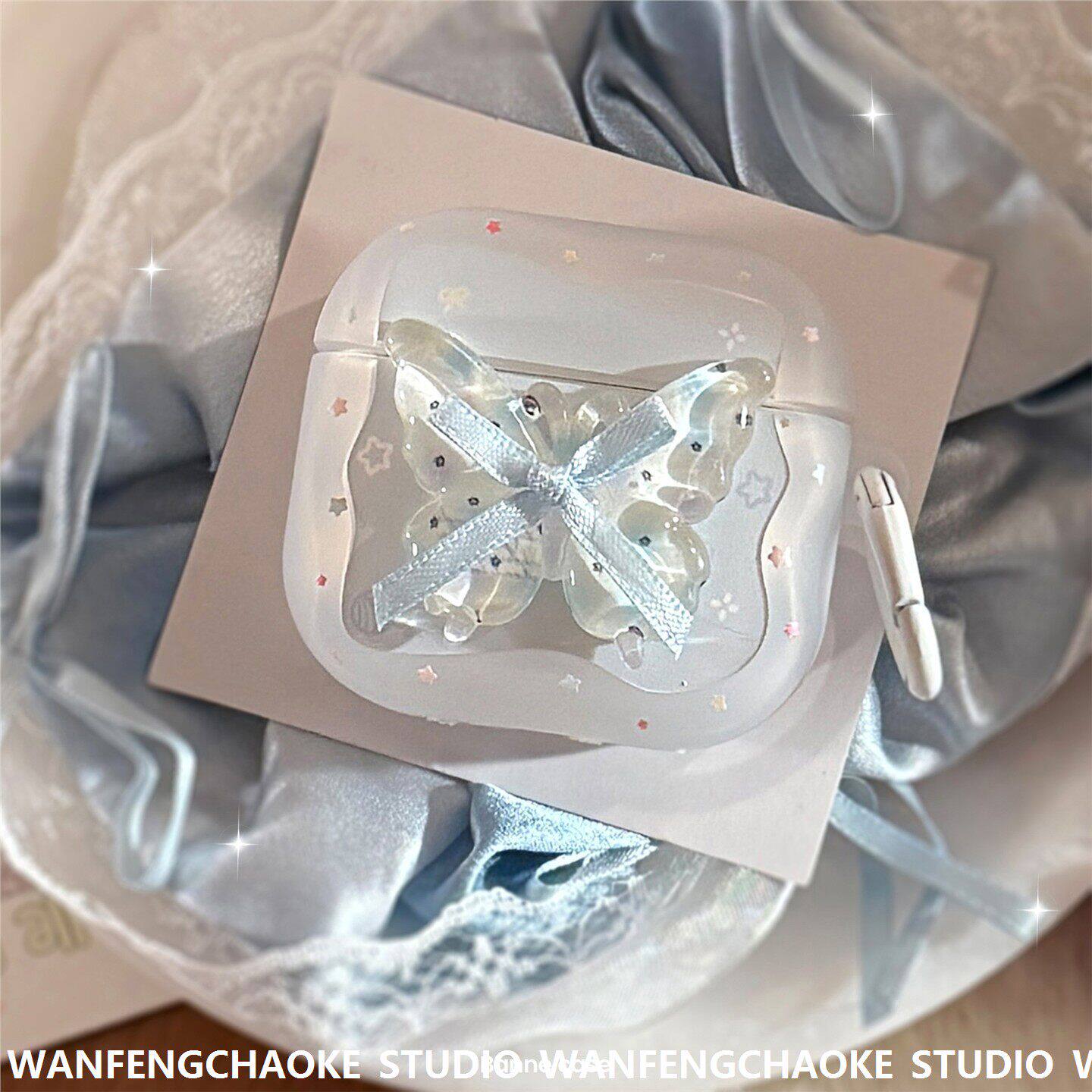 冰透蓝蝴蝶苹果Airpods4代适用蓝牙耳机套Pro2小清新3代1挂环温柔