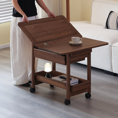玄素家居黑胡桃折叠茶几移动推车