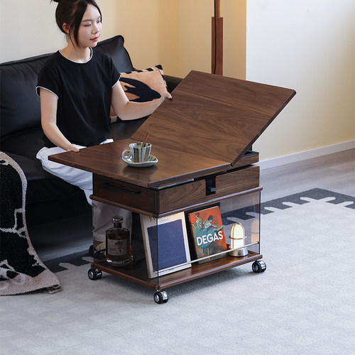 玄素家居黑胡桃木移动茶几可升降