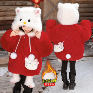 女童红色加绒加厚外套洋气新款冬装时髦保暖拜年服潮流小女孩冬天