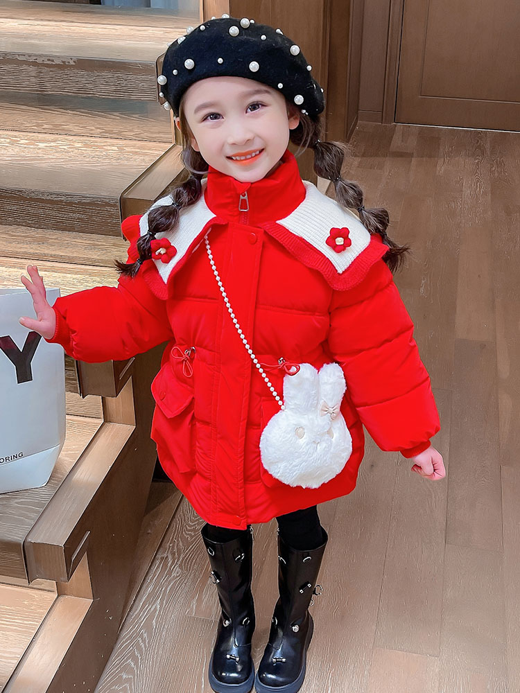 女童红色棉衣外套洋气新款2023年女宝宝时尚拜年服中长款棉袄冬装