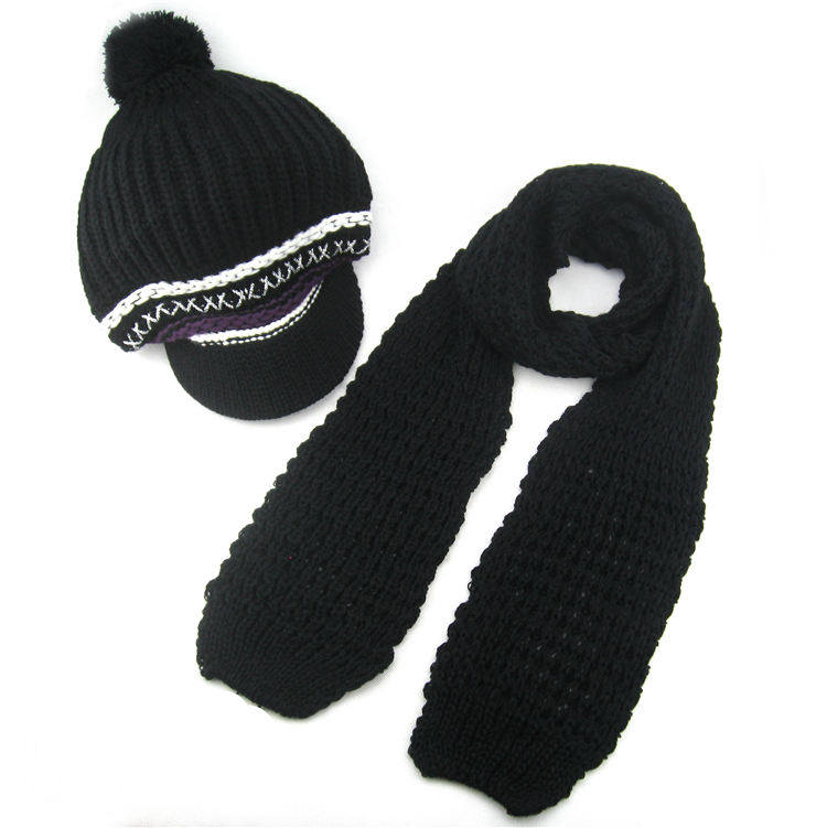 帽天帽地女士帽子针织帽冬季暖厚毛线围巾黑色两件套鸭舌帽八角帽