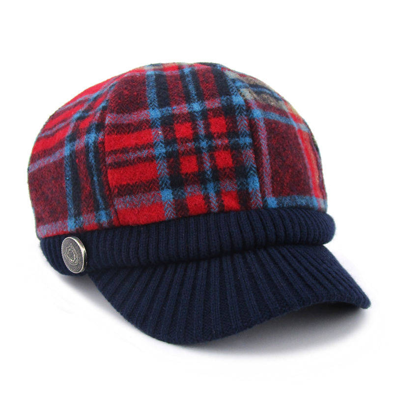 女士帽子秋冬好看好搭潮款鸭舌帽红色英格兰格子羊毛呢毛线八角帽