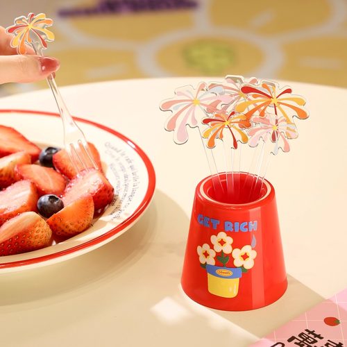 水果叉套装家用高级感餐叉收纳罐创意蛋糕甜品叉子儿童安全水果签