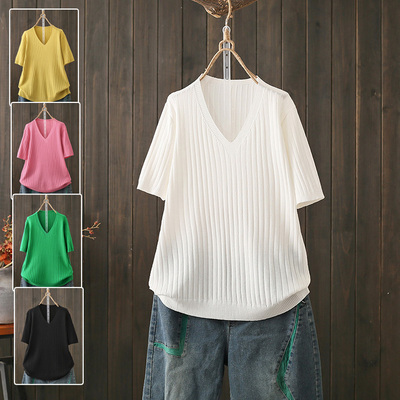 短袖简约薄款冰丝针织T恤女