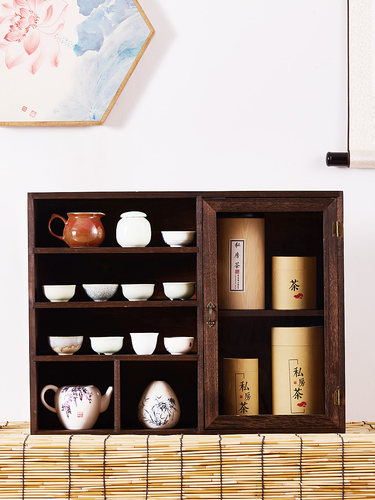 实木茶具收纳架防尘手办展示架