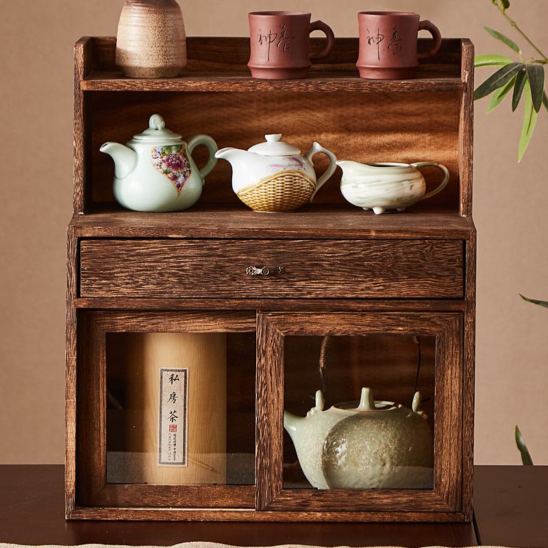 实木防尘博古架茶杯架桌面化妆品收纳柜复古带门储物柜茶具收纳盒