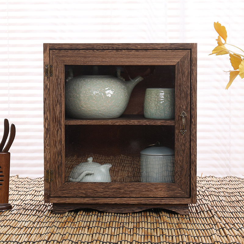 实木桌面防尘茶柜茶杯架茶壶小储物柜玻璃展示柜化妆品木制置物架