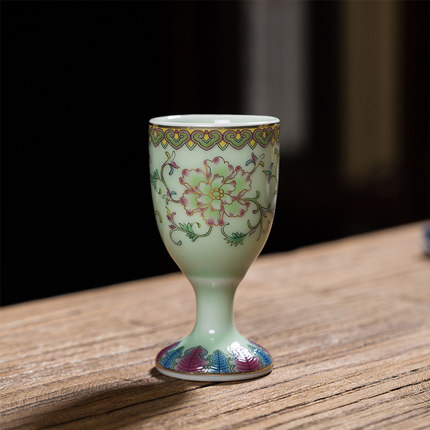 中式仿古白酒杯供奉酒杯小酒盅古代高脚杯陶瓷敬酒杯珐琅彩烈酒杯