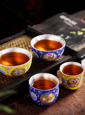 陶瓷白酒杯手工包银999纯银 主人杯品茗单杯景德镇陶瓷镶鎏银茶杯