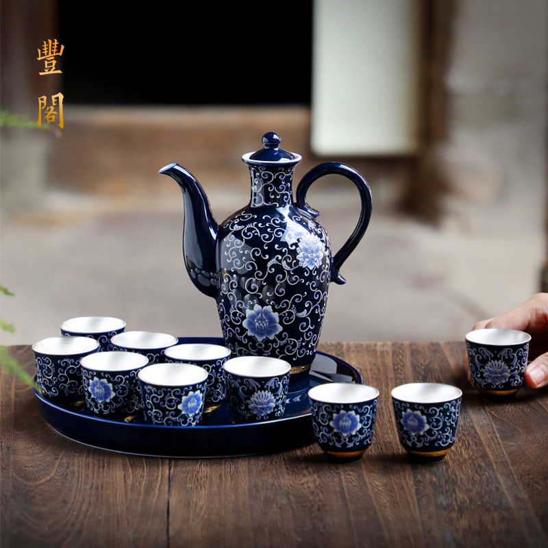 景德镇陶瓷酒具套装鎏银999纯银酒杯仿古分酒器家用高脚杯白酒杯