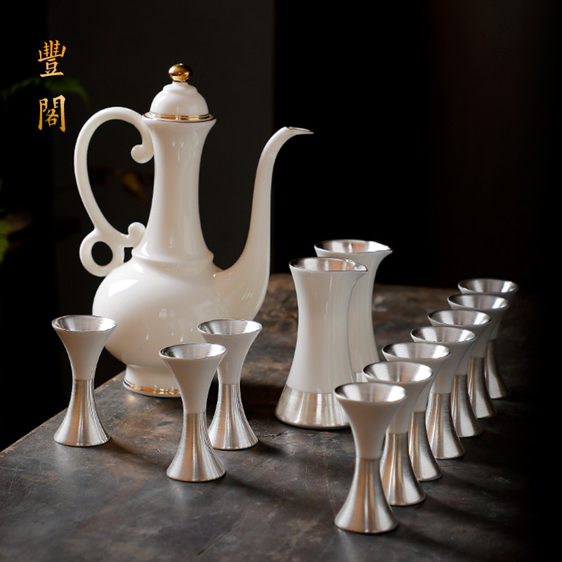 鎏银酒杯羊脂玉陶瓷酒具套装高档 999纯银白酒杯仿古中式家用酒壶,餐饮具,白酒杯,淘宝优惠券,粉丝福利购,淘宝优惠卷