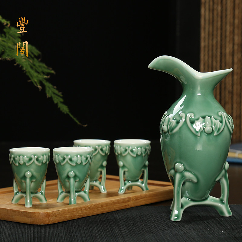 丰阁创意陶瓷酒具套装中式白酒杯仿古代爵杯复古清酒壶分酒器家用