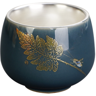 霁蓝手工包银999纯银主人杯单杯品茗杯景德镇陶瓷银茶杯 银酒杯子