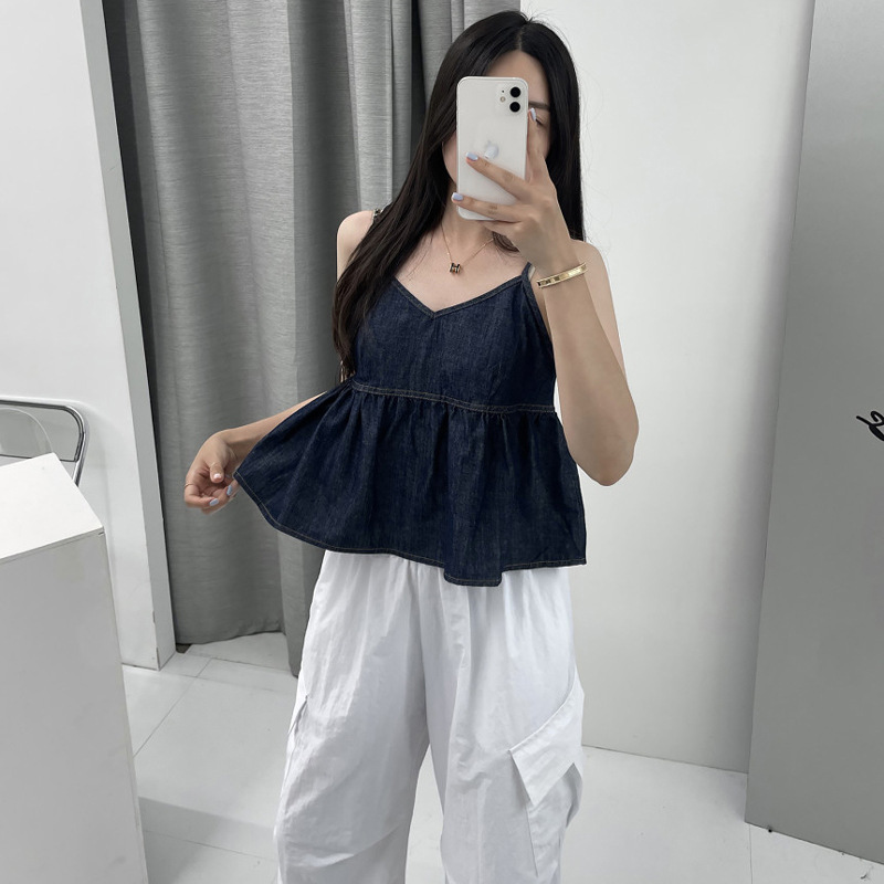 深色牛仔V领吊带背心女外穿夏季褶皱荷叶边宽松内搭短款无袖上衣