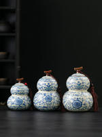 Blue and white Ru kiln ceramic tea caddy, retro large, medium and small gourd tea storage caddy, sealed caddy, household tea storage caddy thumbnail 8