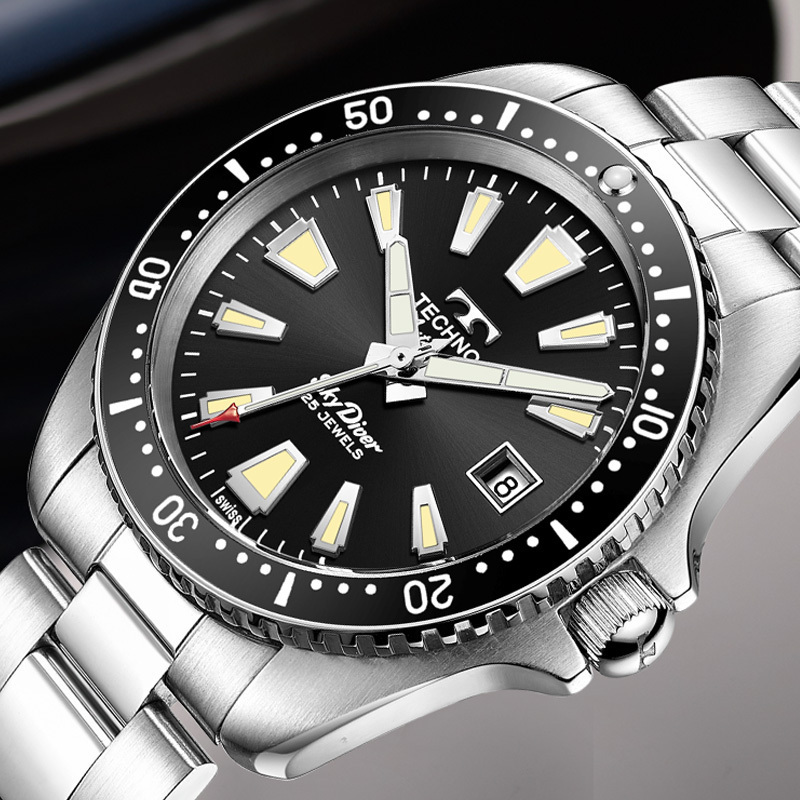 瑞士库存天克诺黑色夜光机械男士时尚名表进口自动防水日历钢腕表