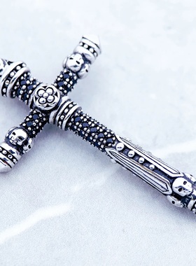 黑色钻CZ十字架吊坠项坠925银同款复古礼品适合挂项链 托马斯萨博