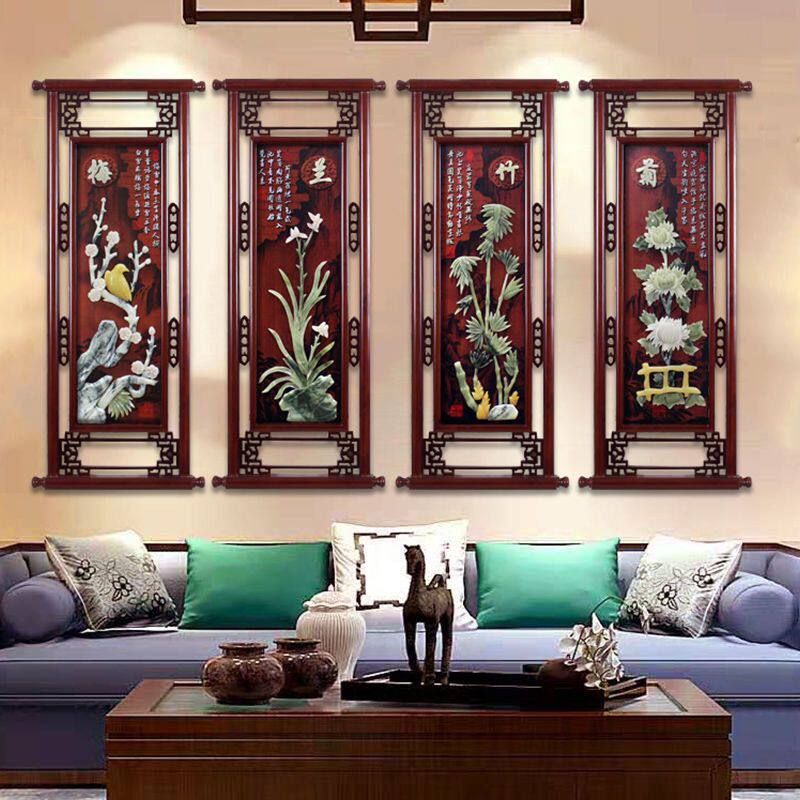 餐厅装饰画客厅沙发背景墙壁画中式实木立体浮雕玉雕高档玉石挂画