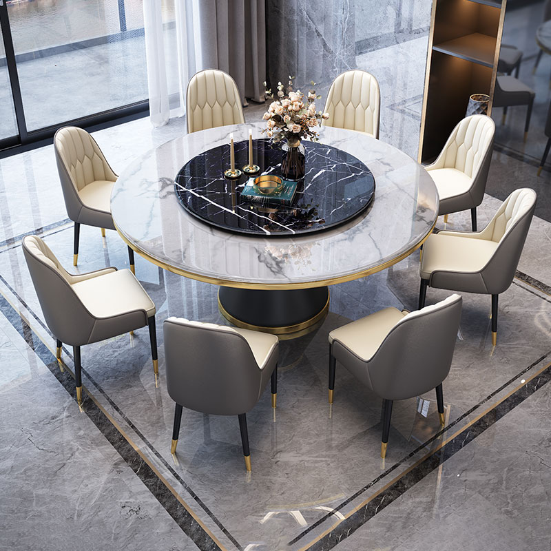轻奢大理石餐桌椅组合现代简约带转盘圆桌饭桌家用小户型岩板餐桌